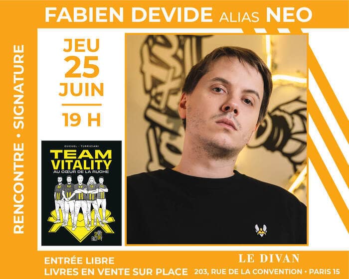 Illustration de l'événement : Fabien Devide alias Néo de l'équipe esport Vitality présente le roman graphique « Team Vitality au coeur de la ruche »