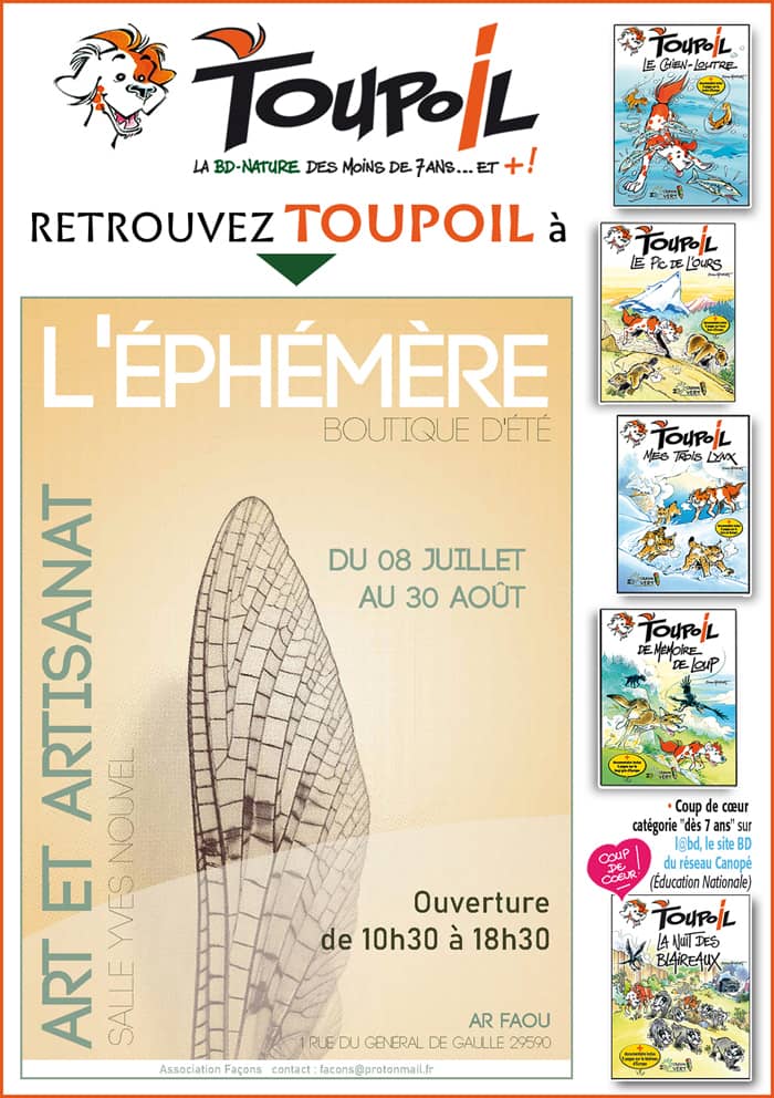 Illustration de l'événement : Retrouvez TOUPOIL, la BD-Nature des enfants, en expo-vente et en dédicace à la boutique L'ÉPHÉMÈRE au Faou, du 8 juillet au 30 août 2026.