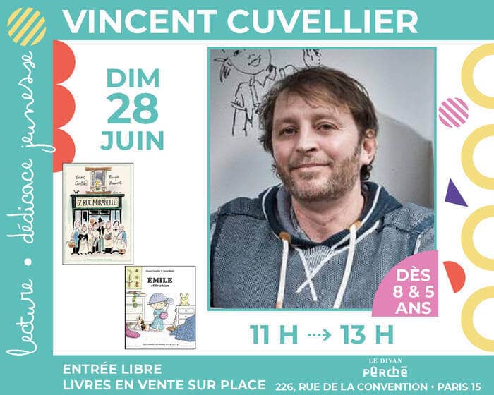 Illustration de l'événement : L'auteur Vincent Cuvellier signe son roman illustré « 7, rue Mirabelle » et son album « Émile et le chien »