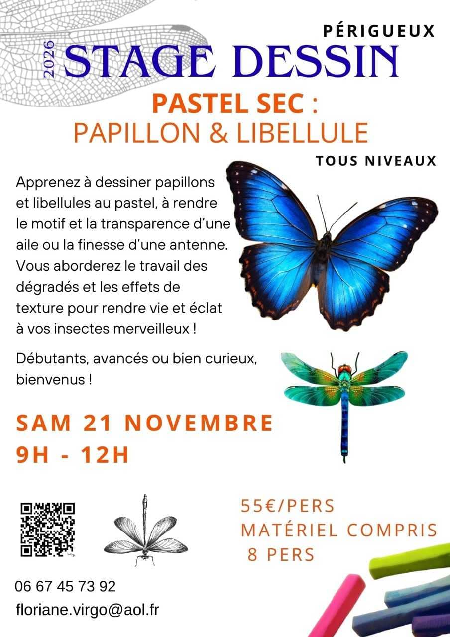 Illustration de l'événement : Stage dessin : Pastel sec - Papillon et libellule par Floriane VIRGO