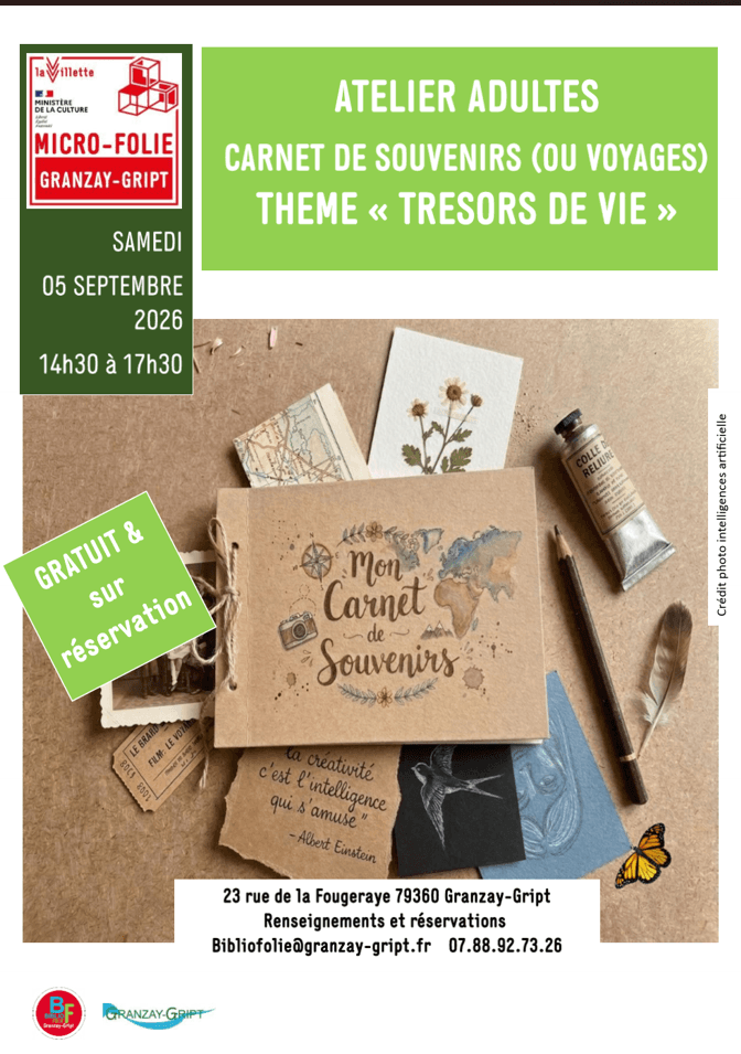 Illustration de l'événement : Atelier carnet de souvenirs (ou voyages) – thème « Trésors de vie » au musée numérique Micro-Folie à Granzay-Gript
