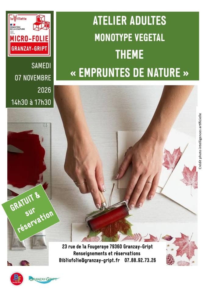 Illustration de l'événement : Atelier adultes monotype végétal – empreintes de nature au musée numérique Micro-Folie à Granzay-Gript