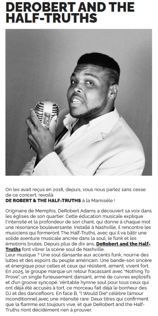 Illustration de l'événement : Concert à la mamisèle - DeRobert and the Half-Truths
