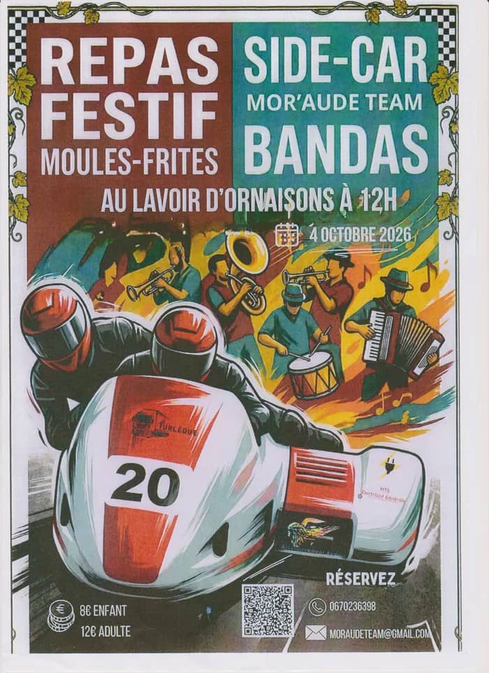 Illustration de l'événement : Repas festif Moules Frites Bandas petite expo véhicules le 4 Octobre à Ornaisons (11200) Organisé par le Team Mor'aude