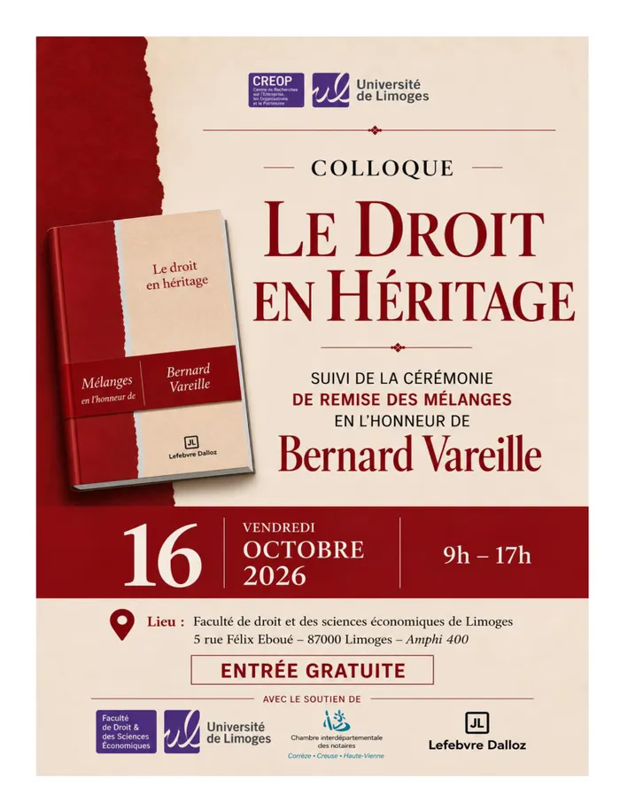 Illustration de l'événement : Colloque : Le droit en héritage / Suivi de la cérémonie de remise des mélanges en l'honneur de Barnard Vareille