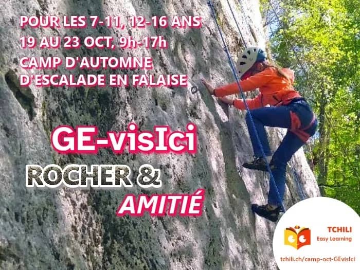 Illustration de l'événement : Camp d'escalade d'automne GE-visIci Rocher: camp de grimper en falaise pour Kids&Teens 7-11 et 12-16 ans. RDVs à Lancy et à Vernier