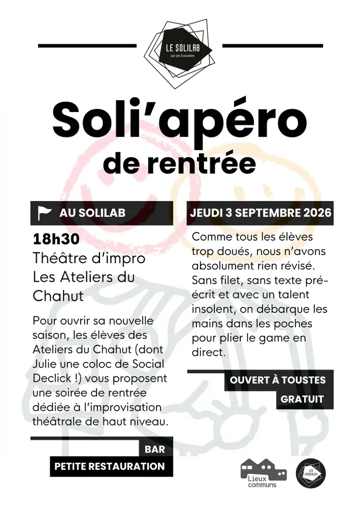 Illustration de l'événement : Soli'apéro : théâtre d'improvisation - Les Ateliers du Chahut