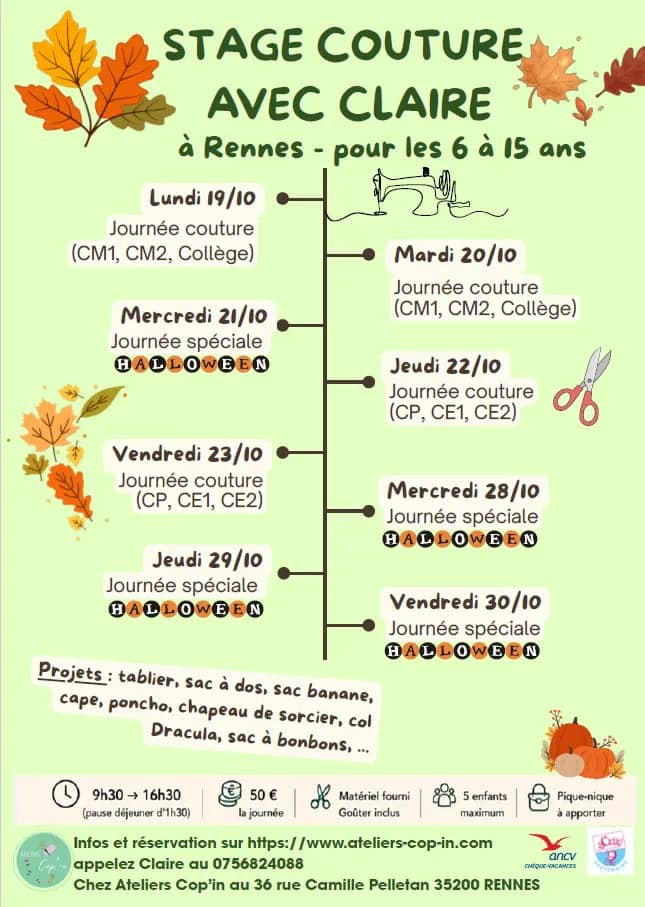 Illustration de l'événement : Stages couture enfants à Rennes – Vacances de la Toussaint 2026 | 6-15 ans | 8 journées créatives, dont 4 spéciales Halloween