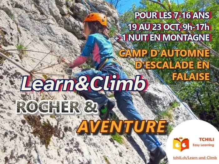 Illustration de l'événement : Camp d'escalade d'automne Learn&Climb, grimpe en falaise pour Kids&Teens 7-11 | 12-16 ans. RDVs à Lancy et à Vernier