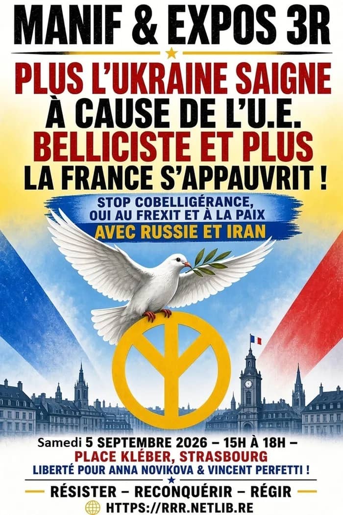 Illustration de l'événement : Manif pro-paix : "Plus l’Ukraine saigne à cause de l’U.E. belliciste et plus la France s’appauvrit !"