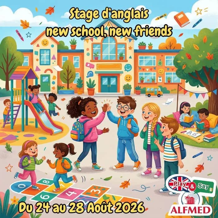 Illustration de l'événement : Stage d'anglais PLAY & SAY (6-11 ans) - New School, New Friends