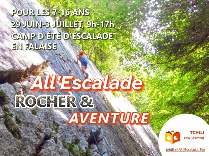 Illustration de l'événement : Camp d'été de grimpe en montagne: All'Escalade en falaise pour les 7-11 et 12-16 ans. RDVs à Lancy et à Vernier