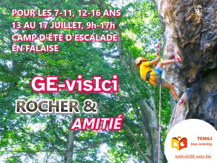 Illustration de l'événement : Camp d'escalade GE-visIci Rocher: camp de grimper en falaise pour Kids&Teens 7-11 et 12-16 ans. RDVs à Lancy et à Vernier