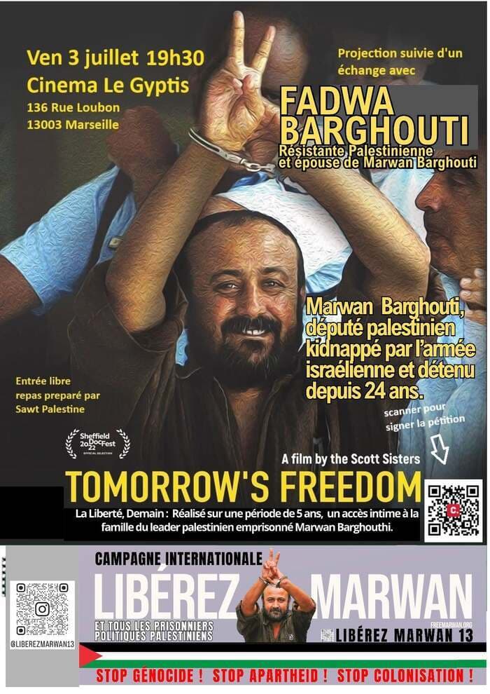 Illustration de l'événement : Projection du film TOMORROW'S FREEDOM en présence de FADWA BARGHOUTI, résistante palestinienne et épouse de Marwan Barghouti