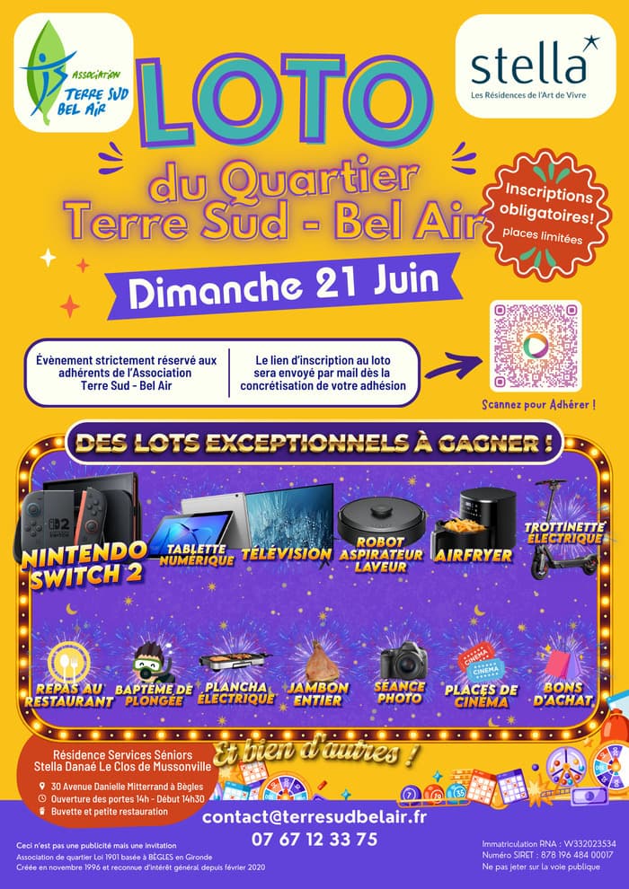 Illustration de l'événement : Loto de l'Association Terre Sud - Bel Air et de la Résidence services séniors Stella Danaé Le Clos de Mussonville