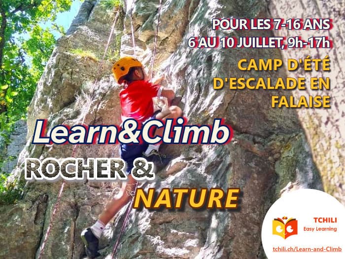 Illustration de l'événement : Camp d'escalade Learn&Climb, grimpe en falaise pour Kids&Teens 7-11 et 12-16 ans. RDVs à Lancy et à Vernier