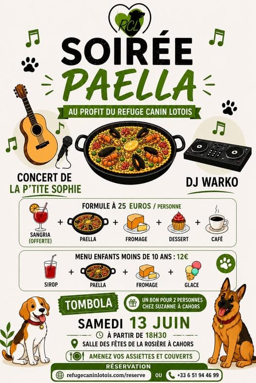 Illustration de l'événement : Soirée paëlla au profit du refuge canin lotois