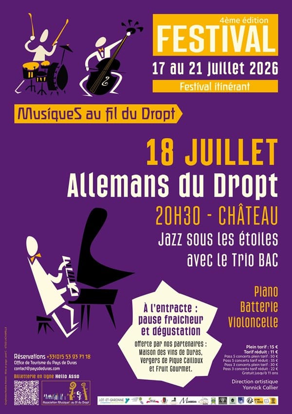 Illustration de l'événement : 4ᵉ édition du Festival itinérant "Musiques au fil du Dropt" - Jazz sous les étoiles avec le Trio BAC