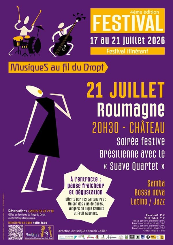 Illustration de l'événement : 4ᵉ édition du Festival itinérant "Musiques au fil du Dropt" - Soirée festive Brésilienne avec le « Suave Quartet »