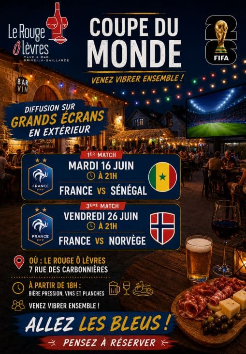 Illustration de l'événement : Retransmission Coupe du monde de foot au Bar à vin Le Rouge Ô Lèvres