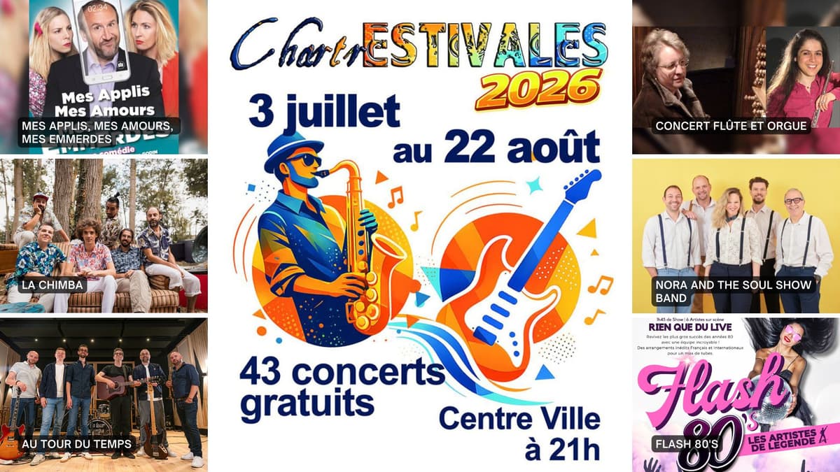 Illustration de l'événement : ChartrEstivales 2026 : Mes applis, mes amours, mes emmerdes ; La Chimba ; Au tour du Temps ; Concert Flûte et orgue ; Nora and The Soul Show Band ; Flash 80’S