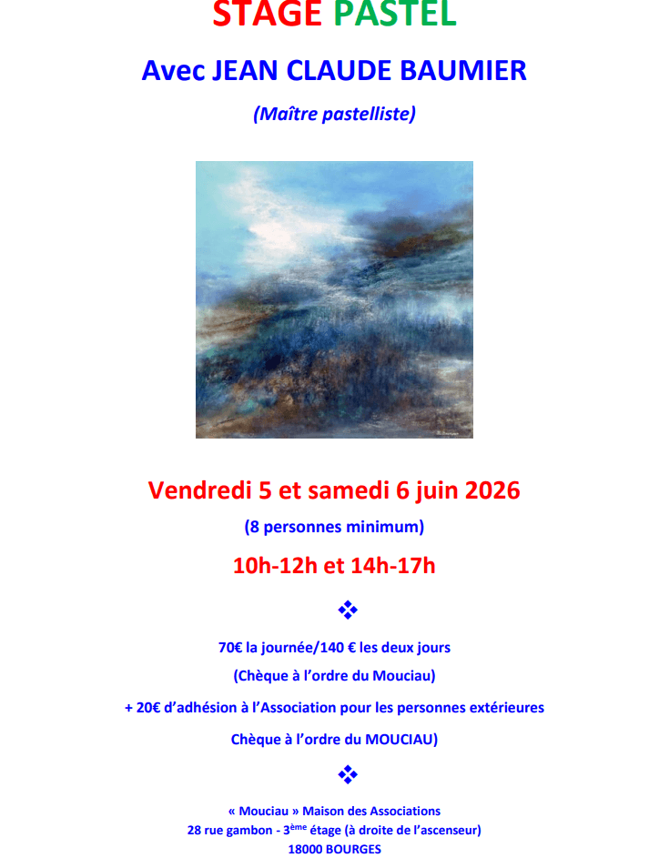 Illustration de l'événement : Atelier artistique Le Mouciau - Stages de pastel avec Jean Claude BAUMIER