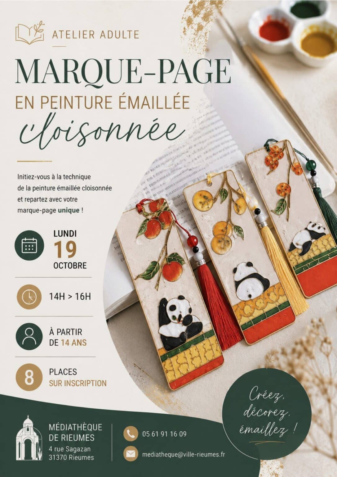 Illustration de l'événement : MÉDIATHÈQUE – ATELIER ADULTE : MARQUE-PAGE EN PEINTURE ÉMAILLÉE CLOISONNÉE