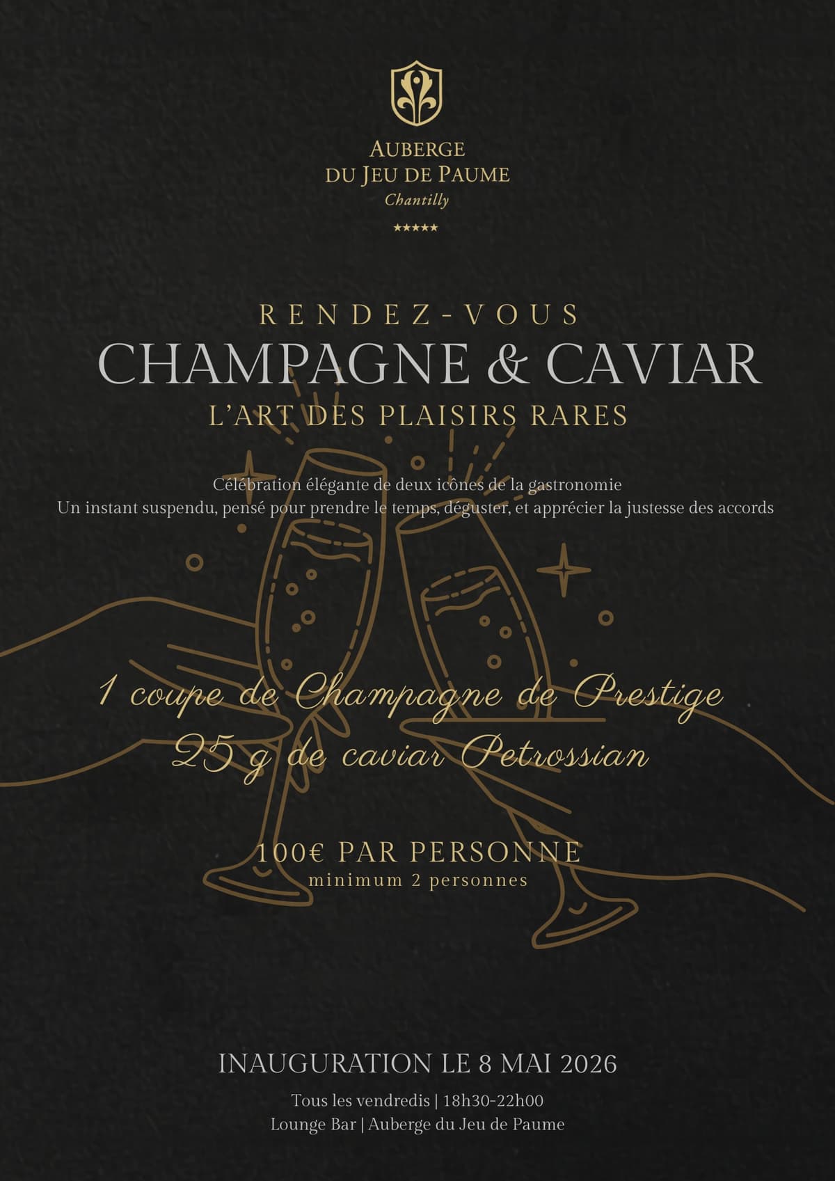 Illustration de l'événement : Rendez-vous "Champagne & Caviar : L’Art des Plaisirs Rares" à l'Auberge du Jeu de Paume à Chantilly