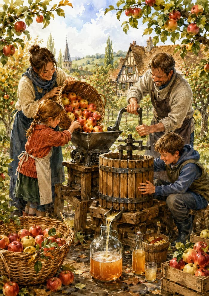 Illustration de l'événement : Atelier : du verger au pressoir, pressez des pommes et découvrez le jus à l’ancienne