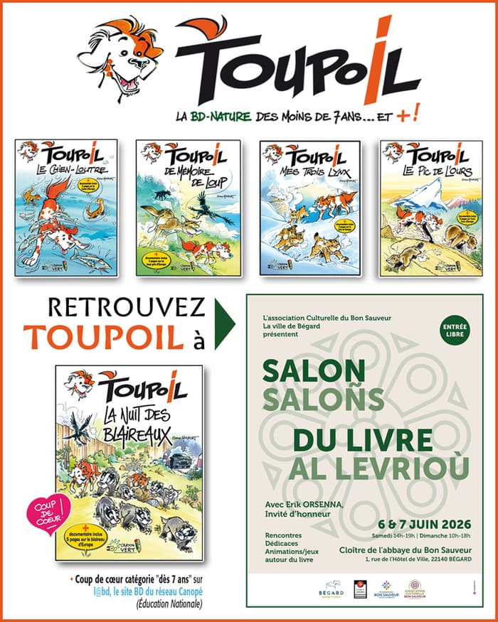 Illustration de l'événement : Retrouvez TOUPOIL, la BD-Nature des enfants, en dédicace au Salon du Livre, à Bégard (Côtes d'Armor), les 6 et 7 juin 2026.