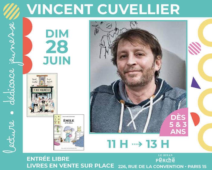 Illustration de l'événement : L'auteur Vincent Cuvellier signe son roman illustré « 7, rue Mirabelle » et son album « Émile et le chien »