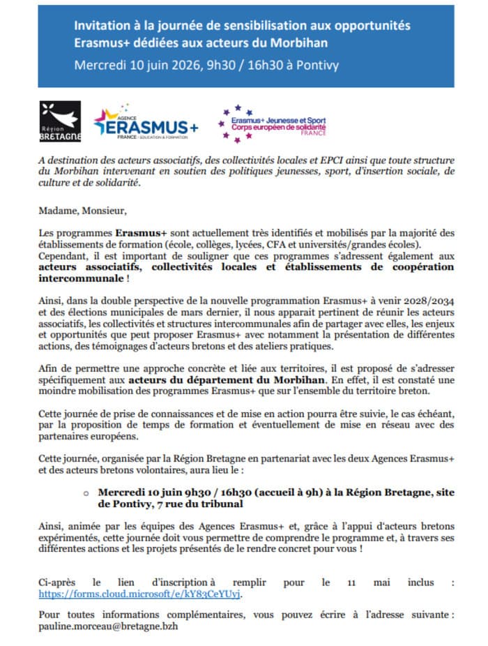 Illustration de l'événement : Journée de sensibilisation aux opportunités Erasmus + pour les acteurs du Morbihan
