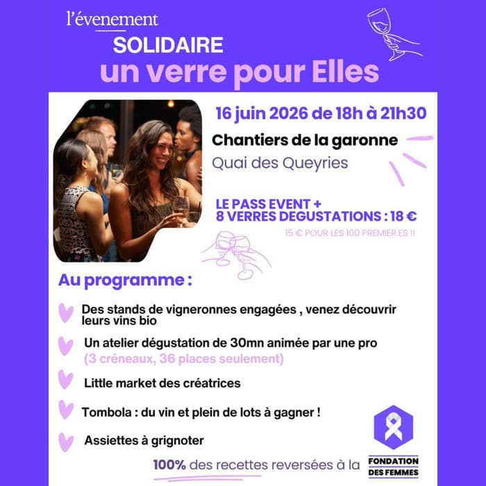 Illustration de l'événement : L'événement solidaire un verre pour Elles organisé par des bénévoles de la Fondation des Femmes antenne bordelaise.