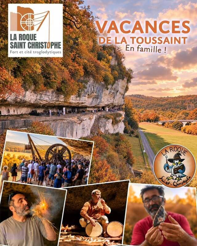 Illustration de l'événement : Les vacances d'automne à la Roque Saint-Christophe : musique préhistorique, silex et énigmes au coeur de la falaise