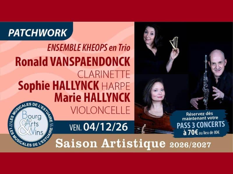 Illustration de l'événement : Concert de Bourg Arts et Vins : l'Ensemble KHEOPS avec clarinette, violoncelle et harpe