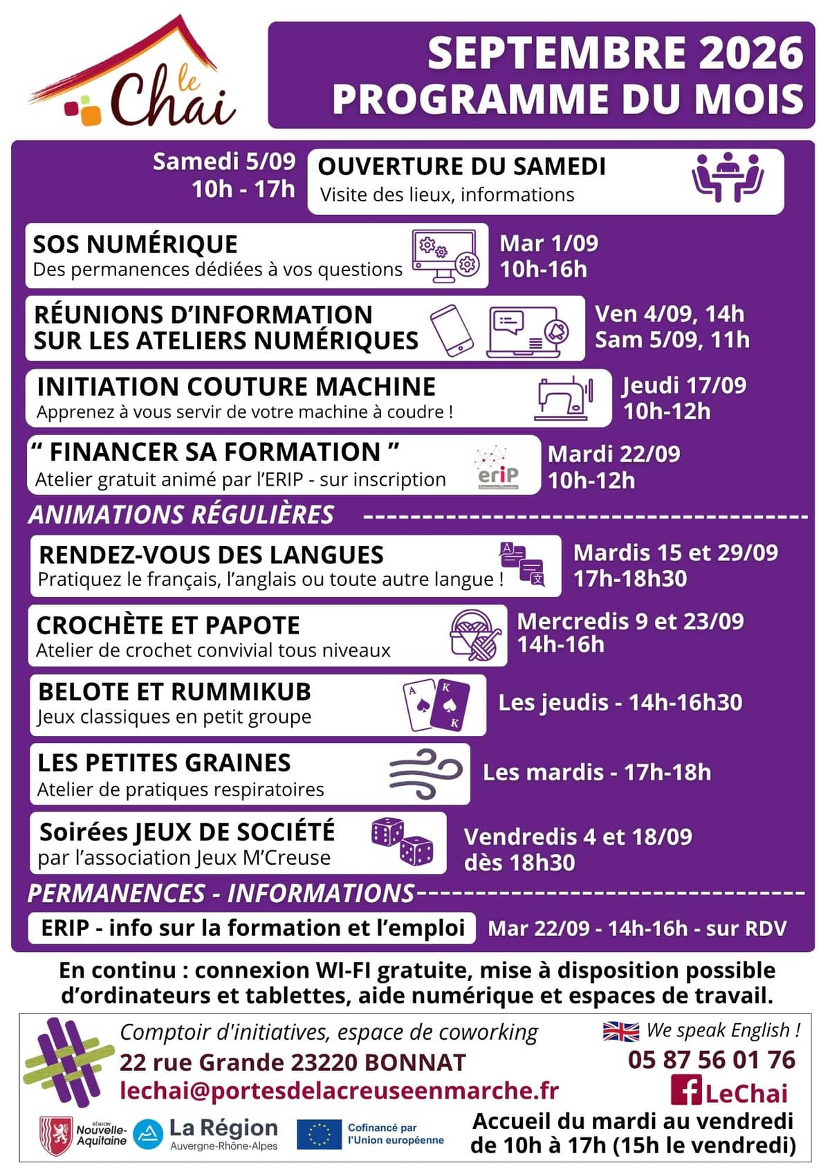 Illustration de l'événement : Programme du Mois de septembre au Chai
