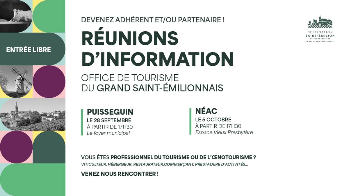 Illustration de l'événement : Réunions d'information - Office de tourisme du Grand Saint-Émilionnais