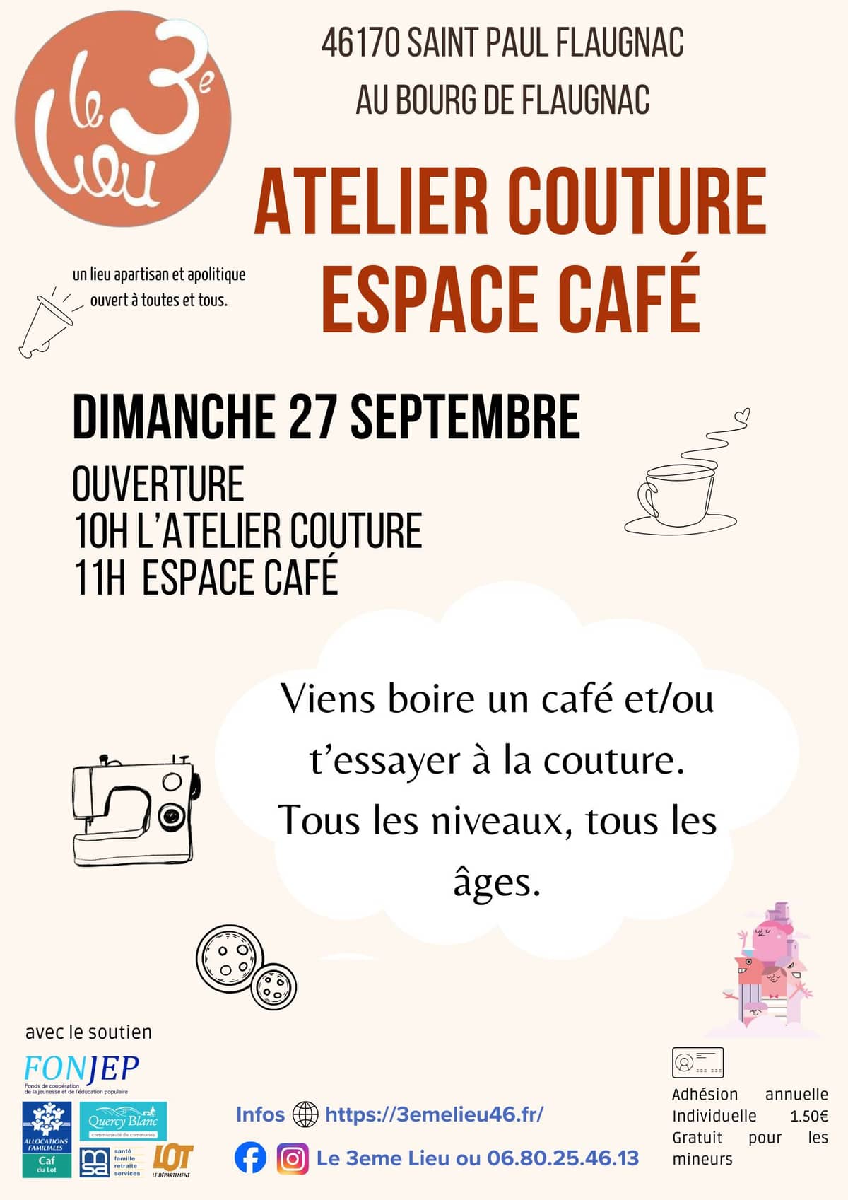 Illustration de l'événement : Atelier couture et espace café au 3ème Lieu