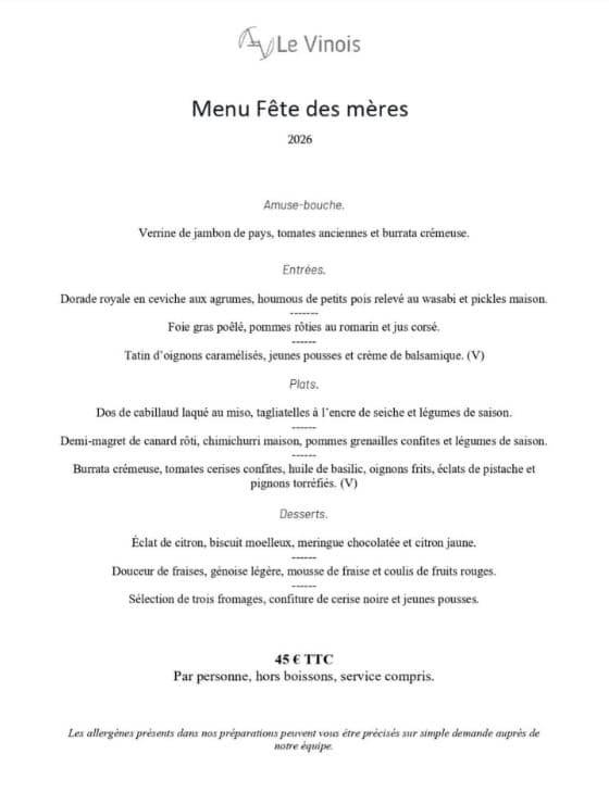 Illustration de l'événement : Menu de fête des mères au Vinois
