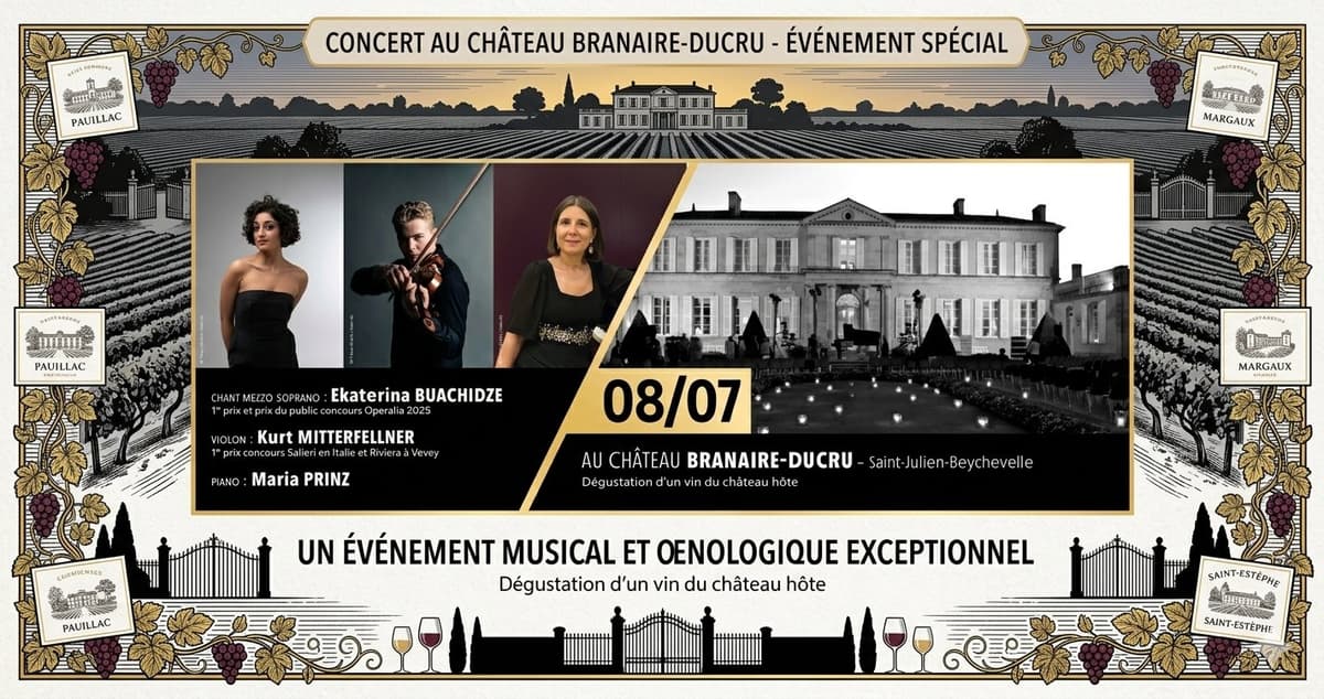 Illustration de l'événement : Les Estivales de Musique en Médoc au Château Branaire-Ducru : une Soirée Flamboyante Chant, Violon & Piano