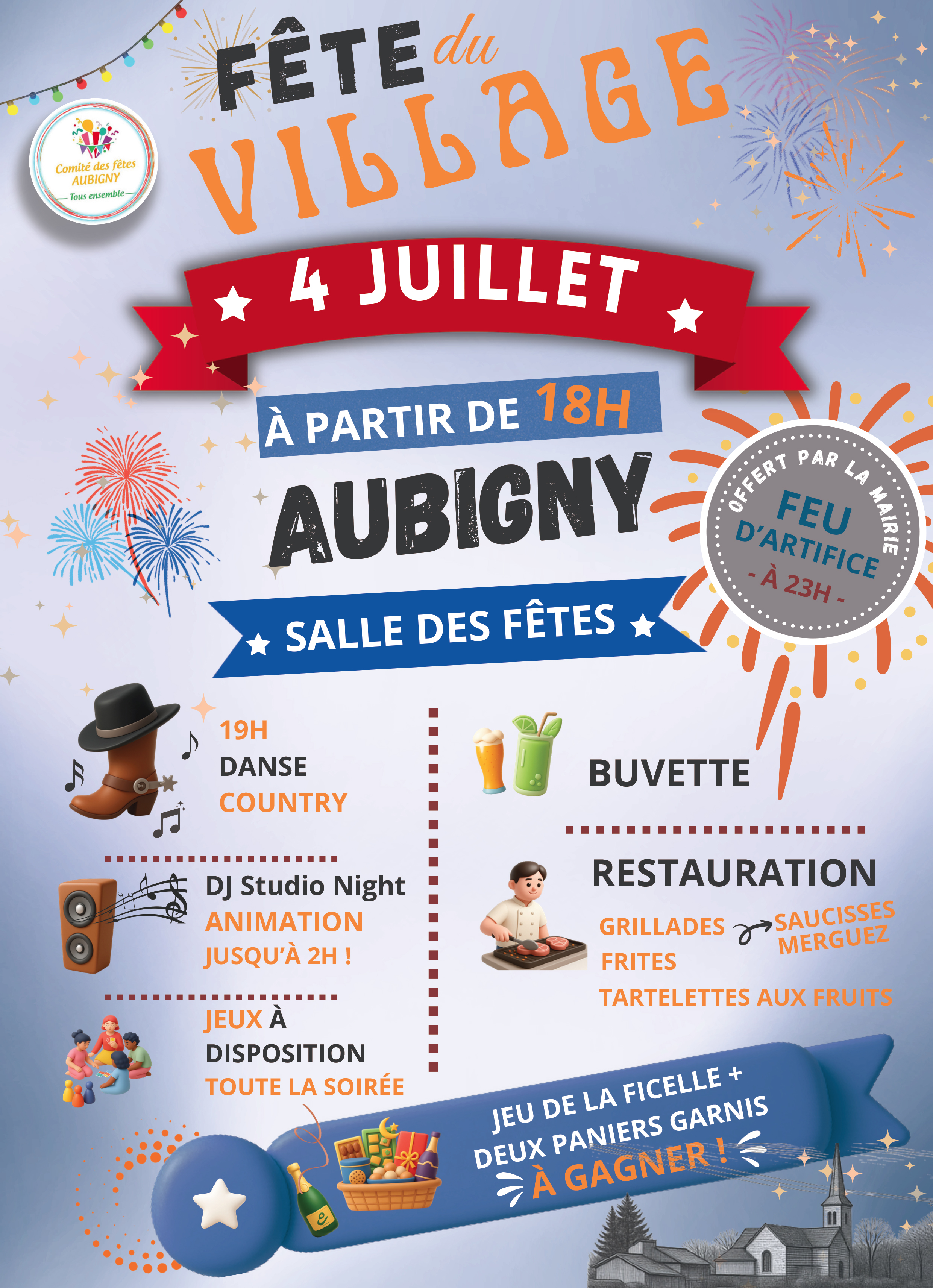 Illustration de l'événement : Aubigny : Fête du village ! feu d’artifice, musique, danse country