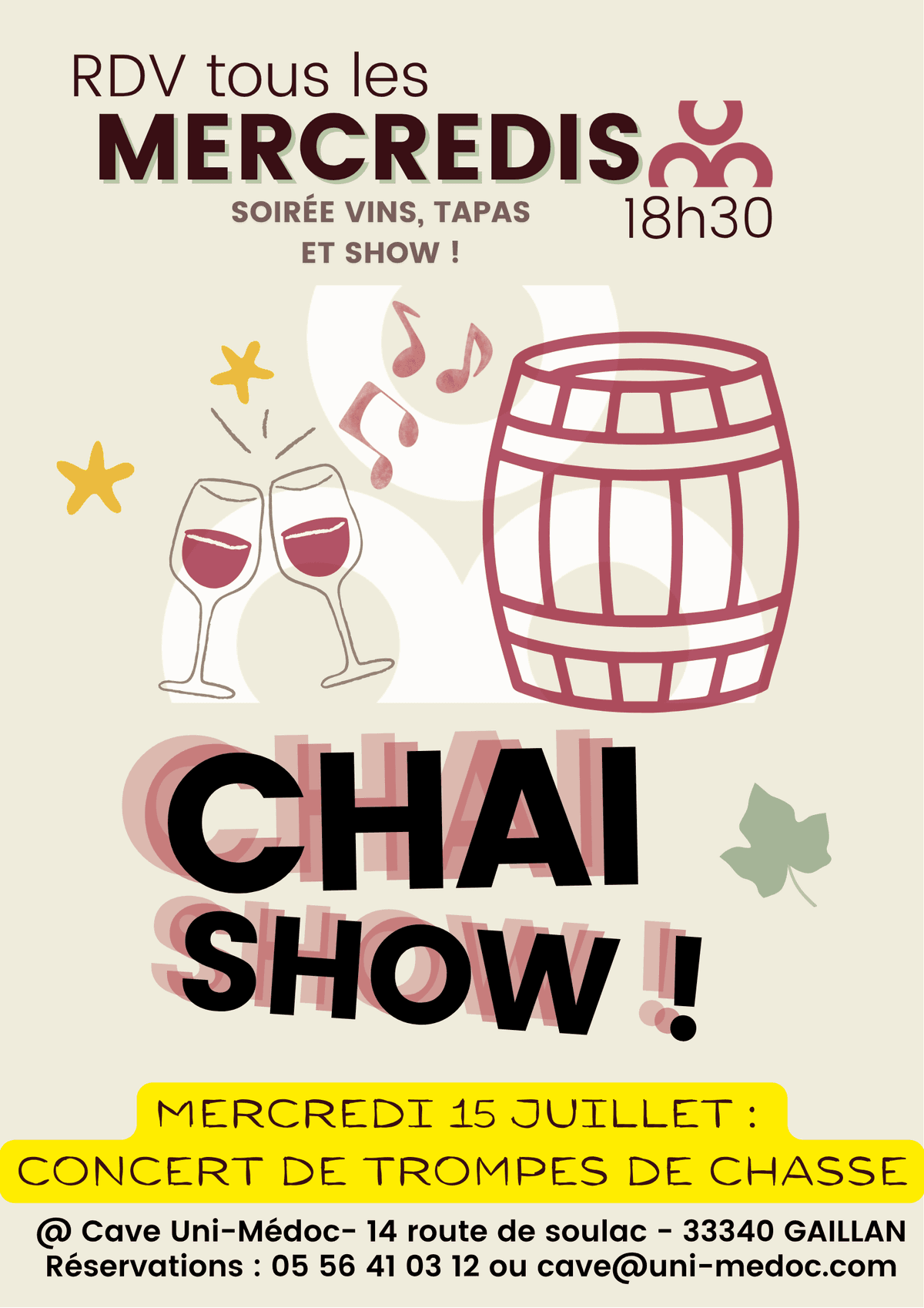 Illustration de l'événement : Chai Show : mercredis vin, tapas et musique à la Cave des Vignerons d'Uni-Médoc
