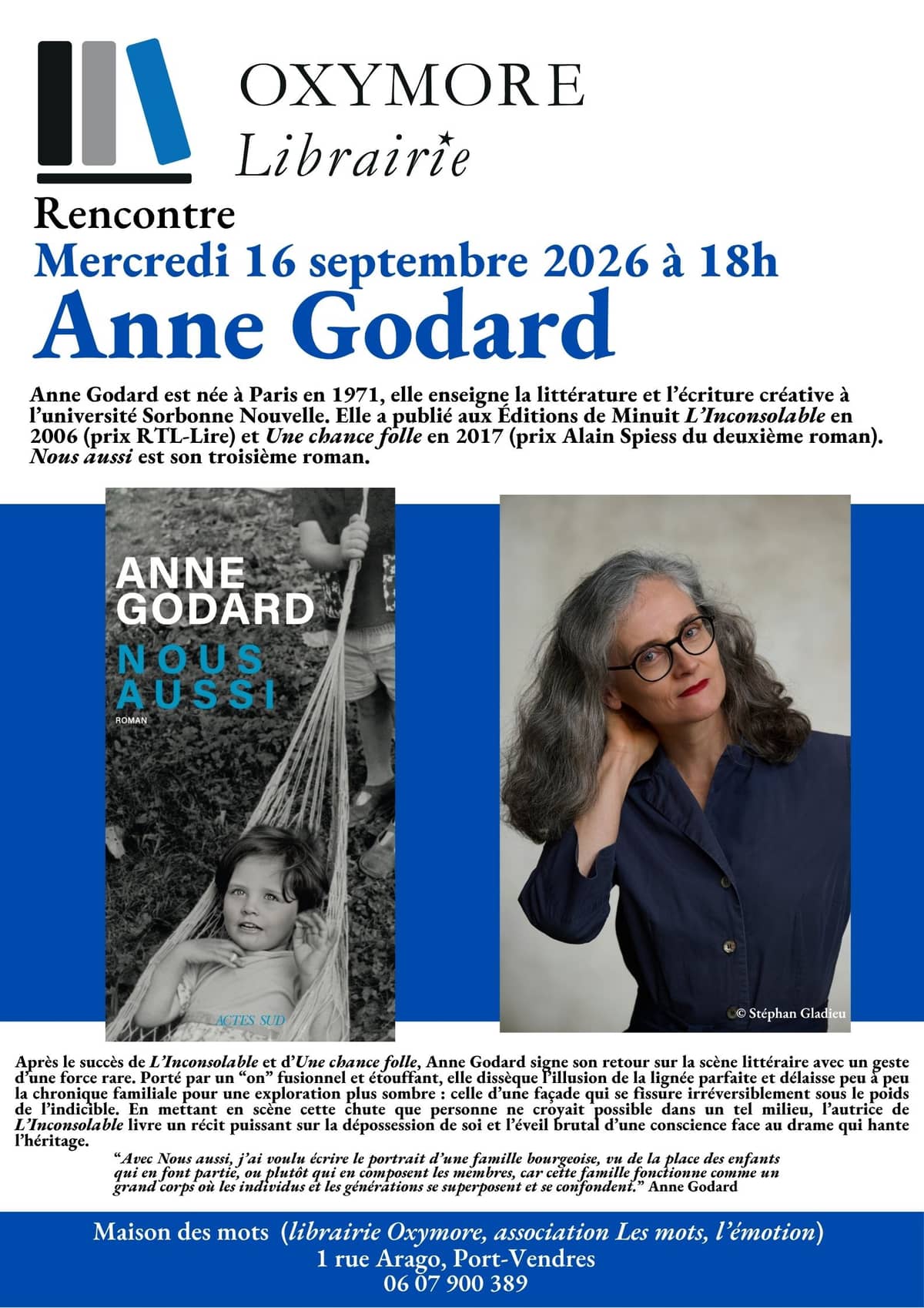 Illustration de l'événement : RENCONTRE LITTÉRAIRE AVEC ANNE GODARD - MAISON DES MOTS - LIBRAIRIE OXYMORE