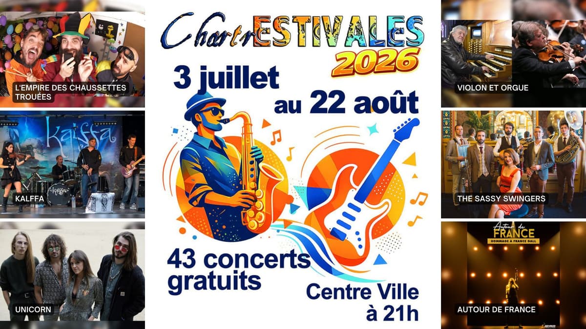 Illustration de l'événement : ChartrEstivales 2026 : L’empire des chaussettes trouées ; Kalffa ; Unicorn ; Violon et orgue ; The Sassy Swingers ; Autour de France