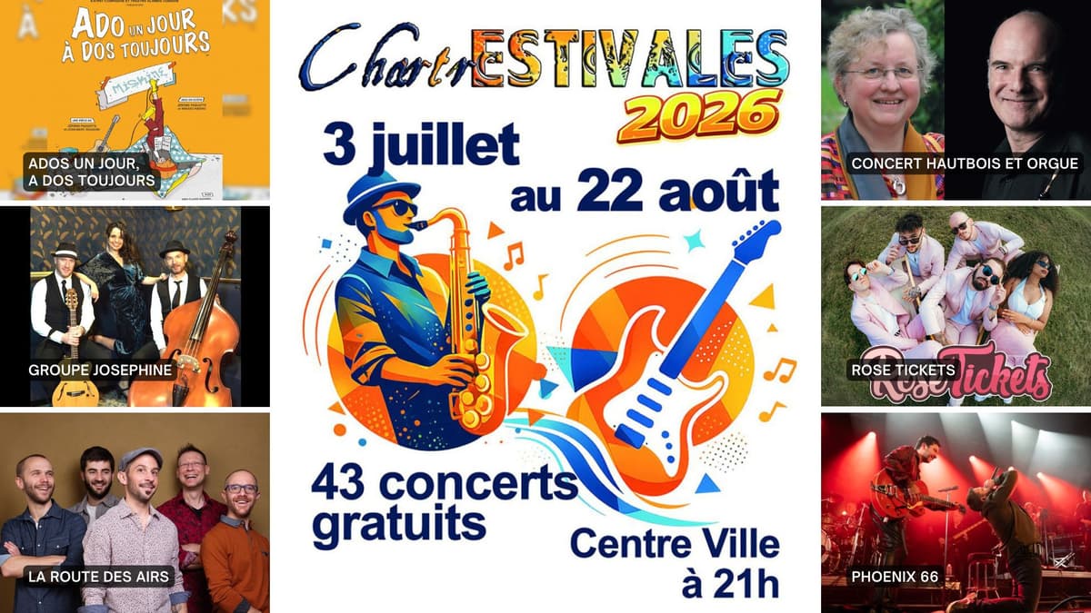 Illustration de l'événement : ChartrEstivales 2026 : Ados un jour, à dos toujours ; Groupe Josephine ; La Route des Airs ; Concert hautbois et orgue ; Rose Tickets ; Phoenix 66