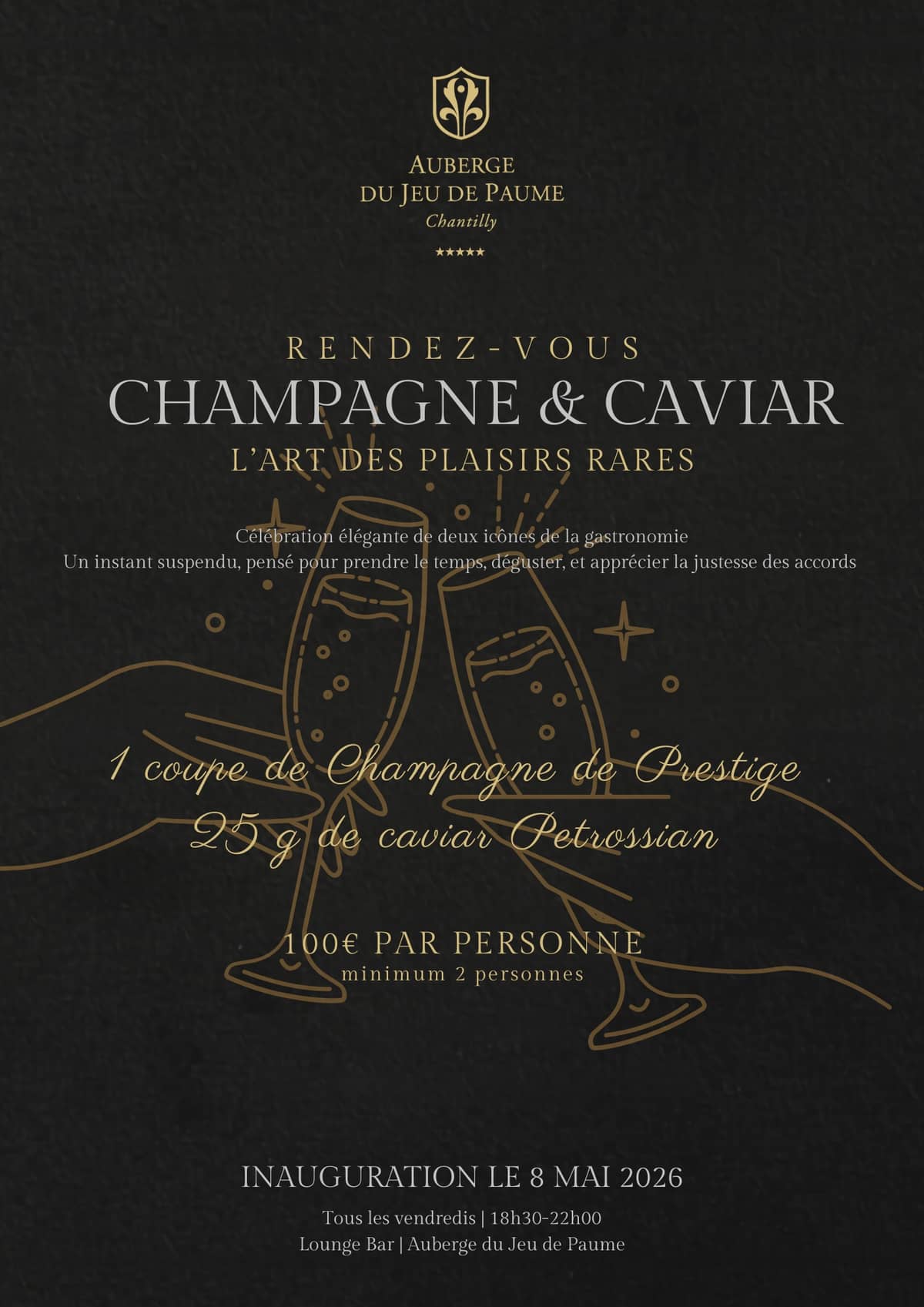 Illustration de l'événement : Rendez-vous "Champagne & Caviar : L’Art des Plaisirs Rares" à l'Auberge du Jeu de Paume à Chantilly
