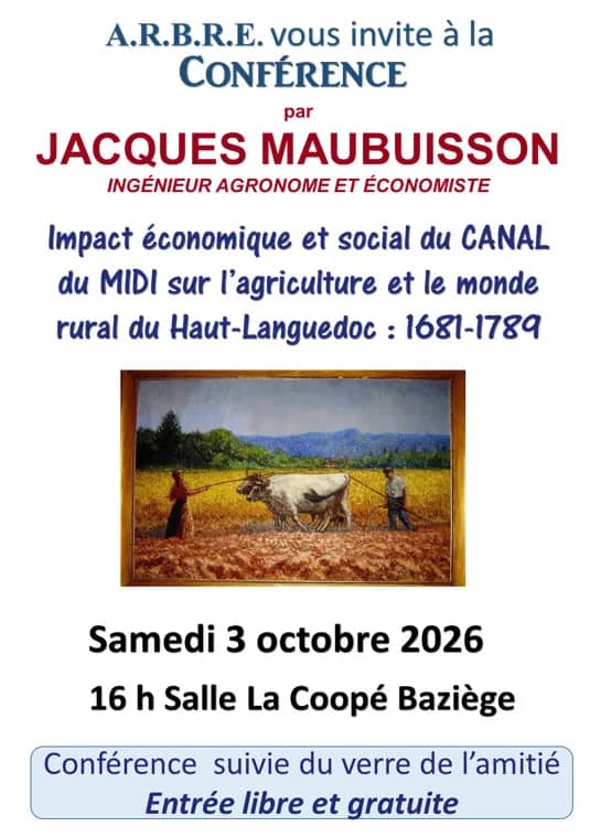 Illustration de l'événement : Impact économique et social du CANAL du MIDI sur l’agriculture et le monde rural du Haut-Languedoc 1681-1789, par Jacques Maubuisson.