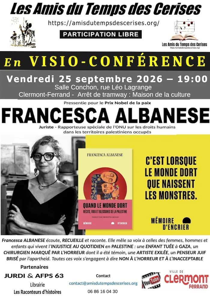 Illustration de l'événement : Présentation du livre “QUAND LE MONDE DORT. RÉCITS, VOIX ET BLESSURES DE LA PALESTINE“ de Francesca ALBANESE, en visio avec l'auteure.