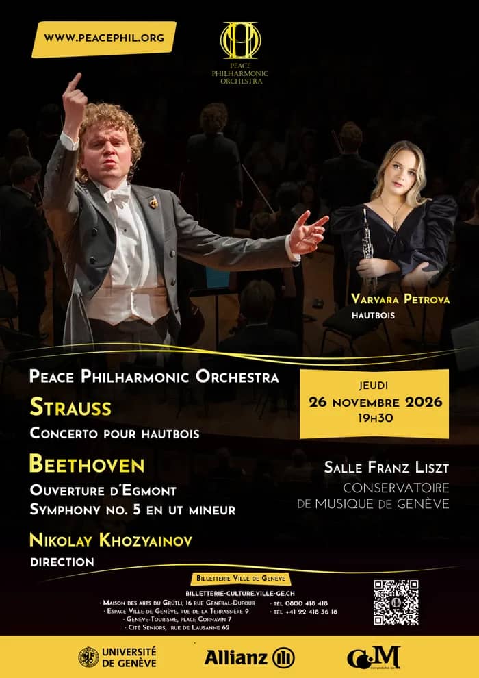 Illustration de l'événement : Peace Philharmonic & Nikolay Khozyainov — Strauss Concerto pour hautbois · Beethoven Ouverture d’Egmont et Symphonie n° 5 Varvara Petrova, hautbois