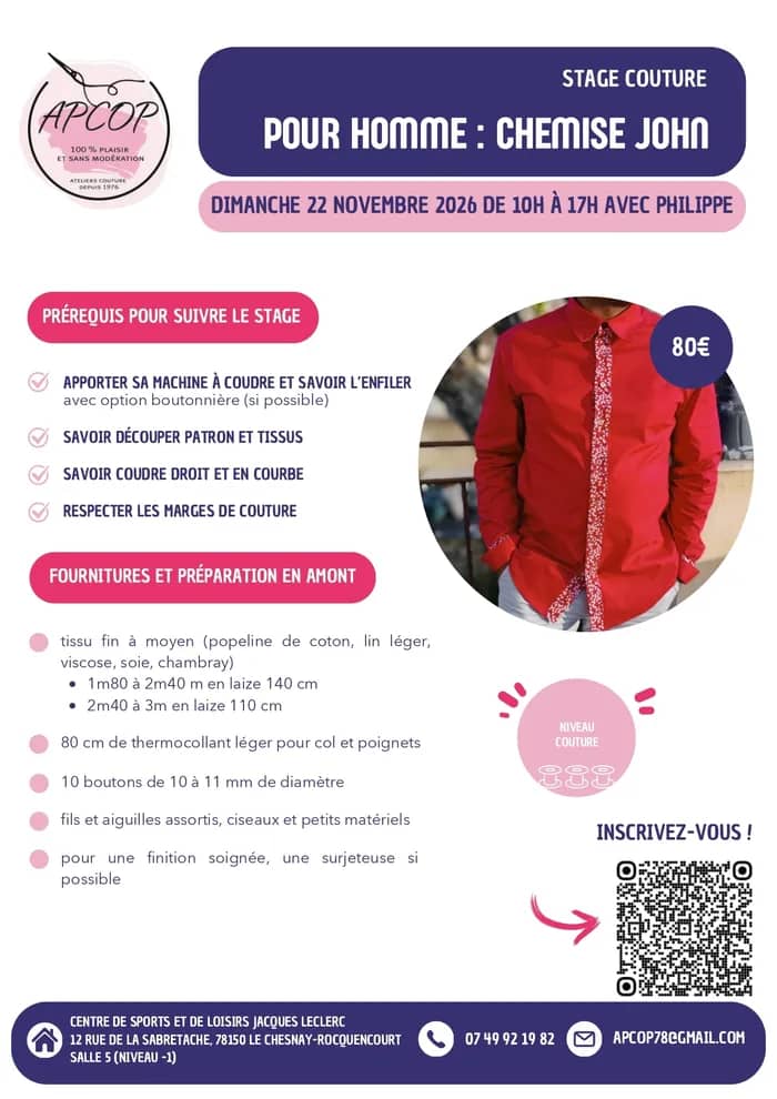Illustration de l'événement : Stage de couture : " Pour Homme : Chemise John "